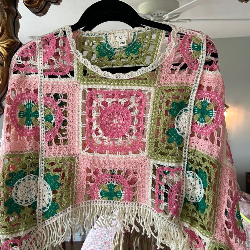 POL Crochet Mosaic Fringe Pullover - Pink, Green, Cream - Picture 2 of 2